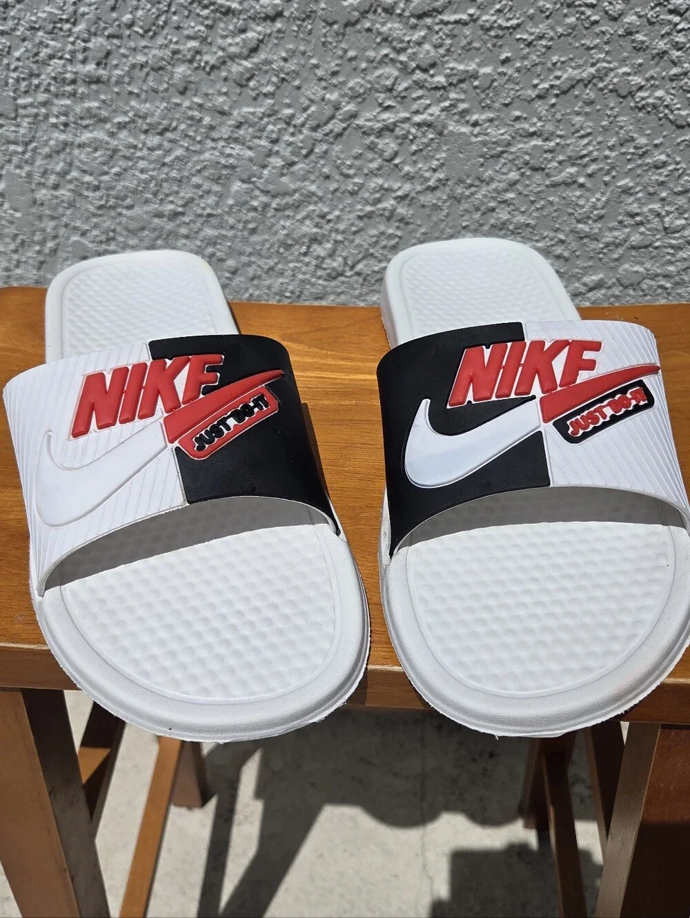 Nike Benassi JDI White and Black Slides with Red Logo Accent